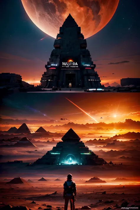 alien planet, a single image showing an ancient Egyptian design city filled with Pyramid-shaped buildings and ancient Egyptian designs, muitas luzes naturais, tochas, sparse vegetation with unusual alien elements, Sci-Fi Movie Cenário, ((sci-fi)), panorami...