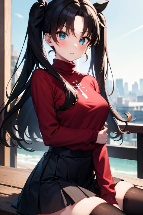 (masterpiece), best quality, expressive eyes, perfect face, 1girl, solo, rintohsaka, rin tohsaka, aqua eyes, black hair, hair ribbon, long hair, ribbon, sidelocks, two side up, black skirt, black thighhighs, long sleeves, miniskirt, pleated skirt, ((red sw...