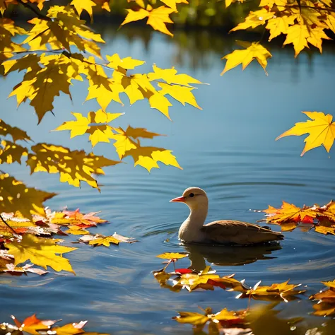 Autumn foliage、lake，playing in the water、Sunlight、Leaves and small birds