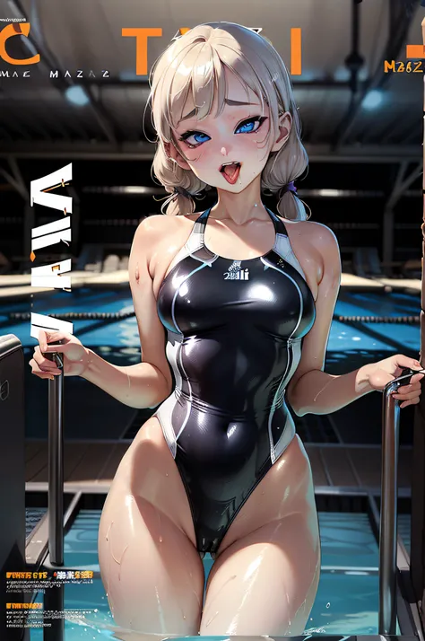 (Magazine Cover:1.8)、Open legs、 pretty 1girl, top-quality、The ultra -The high-definition、hight resolution、extremely details CG、8K Unit Wallpapers、20yr old、Beautiful detailed eyes,Platinum Blonde Hair、pigtail hair、(((Competition swimsuit with lines、competit...