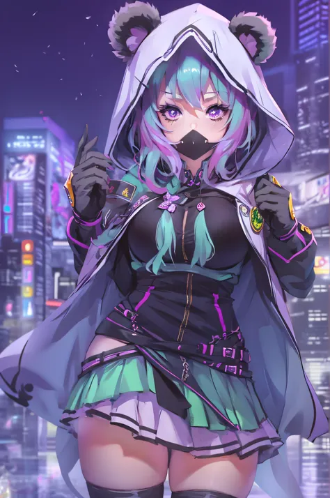 anime girl, busty, black hood with bear ears, purple eyes, mint green hair, dynamic pose, stunning, beautiful, holding panda