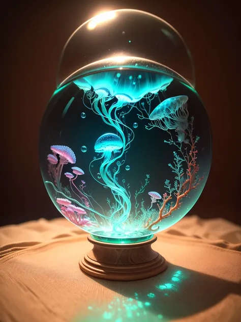 ultra-realistic, 16K high resolution, (Maximum Sharp Focus: 1.3), (close-up máximo: 1.5), (Electric jellyfish trapped in a crystal ball with a pedestal on a table: 1.7), (Floresta de algas marinhas, gelo, recife de coral: 1.5),