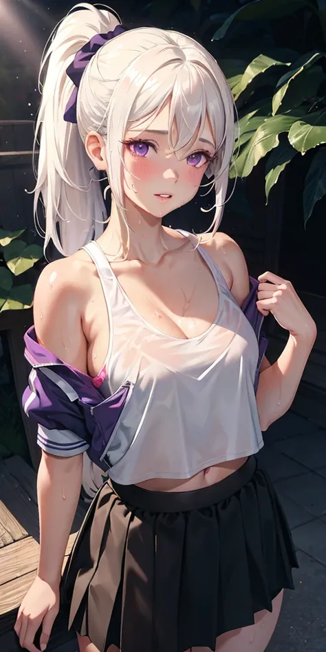 realistic, 1girl, ponytail, parted lips, blush, makeup, light smile, white hair, sportswear, skirt, wet clothes, glow, thighs, purple eye, bare shoulders, collarbone, narrow waist, sunbeam, sunlight, rose, wind, cleavage, (masterpiece), sweat,