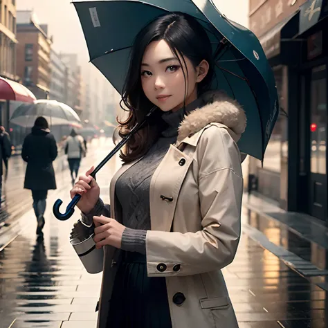 ​masterpiece、masutepiece、Top image quality、High Quality、A woman holding an umbrella is looking at us、((Holding an umbrella))、Clean face、well-formed nose、small lips、lightsmile、Beautiful hands with calculations、Anatomically perfect hands、Wear a long wool coa...