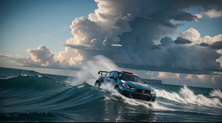 "Describe a sports car racing on the open sea in the midst of a high-speed competition with a menacing tornado on the horizon. The car, with its sleek and aerodynamic design, seems like a fearless sea creature as it glides over the water, leaving a frothy ...