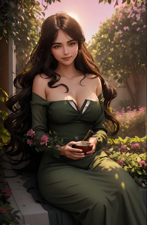 (A beautiful dark-haired girl drinking a cup of coffee in the middle of the garden, Natural Sunset Lighting), Pose natural, Cara preciosa y detallada,Ojos y labios expresivos,cabello largo rizado,sonrisa atractiva,Ropa de moda,Disfrutando del ambiente tran...