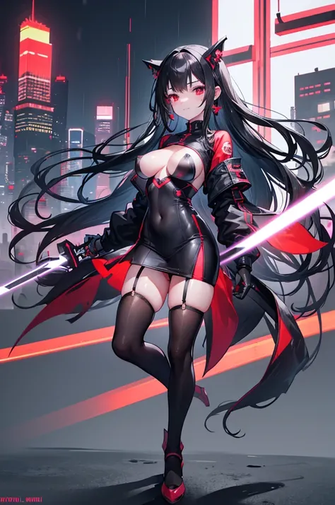 1 girl, straight hair, red eyes, black hair, long hair, ((forehead)), earrings, smug, light smile, blurry background, Shanghai, cyberpunk, cyber suit, neon lights, skyscrapers, night, headset, swords, helicopter, tall stature, tsurime, slum, rainy, raindro...