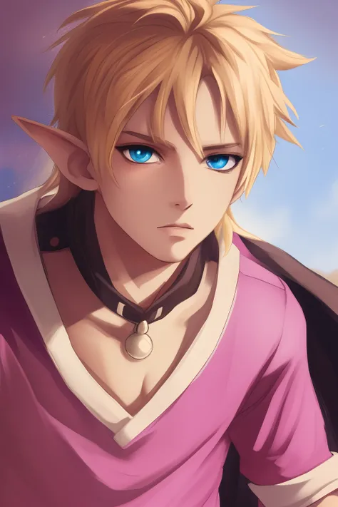 anime elf boy with blonde hair and blue eyes. his outfit is pink