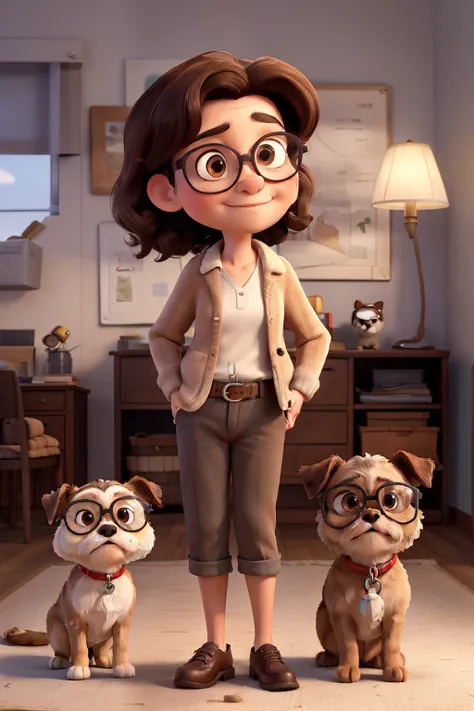 masterpiece, best quality, Pixar style. Picture of a Family: a 44-year-old female wearing glasses with dark hair length shoulder holding a little Shih Tzu dog with a light brown spot at her left eye and the rest of the dogs body is white. A 44-year-old mal...