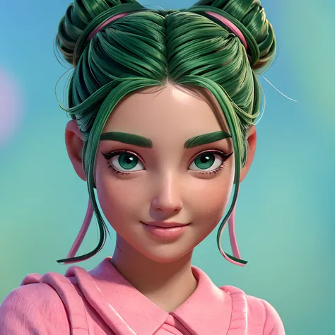 uma mulher, Your hair is stuck in a double bun, tom vermelho , roupas leves, olhos verde, corpo inteiro, The background is filled with a pastel shade, evoking a sense of lightness and happiness.