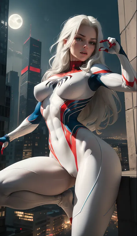 (Masterpiece, 4k resolution, ultra-realistic, very detailed), (White superhero theme, charismatic, theres a girl on top of town, wearing Spider-Man costume, shes a superhero), [ ((25 years), (long white hair:1.2), full body, (blue eyes:1.2), ((Spider-Man p...