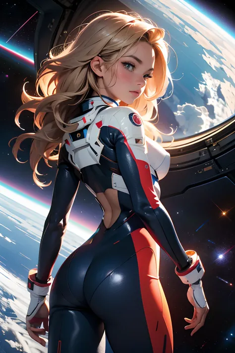 rear view, backside view, turning away, sandy hair, eyes are blue, fit body large breasts slender thighs slender waist pilot suit solo looking away from viewer, in space, long hair, blushing, determination, 8k, extreme detail,