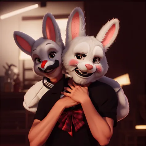 Two people with scary bunny mask, estilo disney pixar, alta qualidade