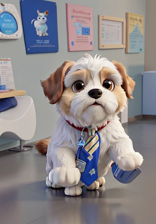 A white Shih Tzu with brown spots wearing a blue tie at the veterinarians, (best quality, 4k, high-res, masterpiece:1.2), ultra-detailed, realistic:1.37, vibrant colors, studio lighting, detailed fur texture, professional, playful expression, neatly groome...