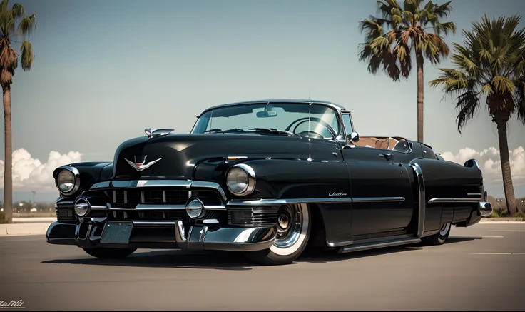 Hiper modificado Black Cadillac 1954 Show Car, enormes rodas BBS, Ridiculously low posture parked near palm trees and beautiful mansions in sunny California