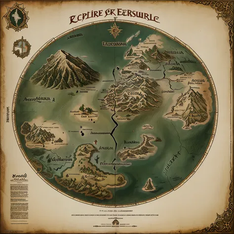 Mapa em folha, mundo, Middle-earth Tokkien World Style, varios continentes pequenos