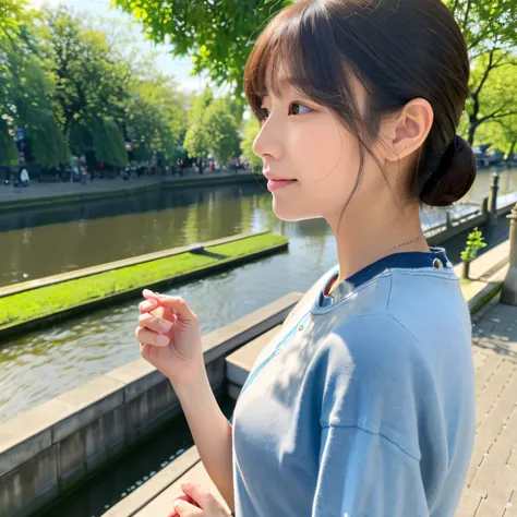 (8k,high-level image quality,hightquality,​masterpiece),(Beautiful realistic Japan woman)、(Big River、Embankments、walk)、While thinking、Beautie、Clear department、refreshing、A clear sky、