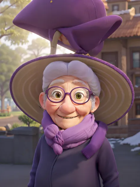 masterpiece, best quality, an old woman with glasses and a scarf on, wearing a purple coat and green scarf, standing at the park