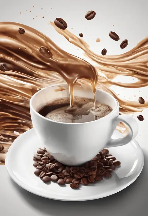 Create an ad, the theme is coffee with chocolate in a white cup, in the background splash of coffee liquid, coffee beans around, breads and sugar in the composition, ultra realism, intricate details, advertising poster, photo realism, 8k