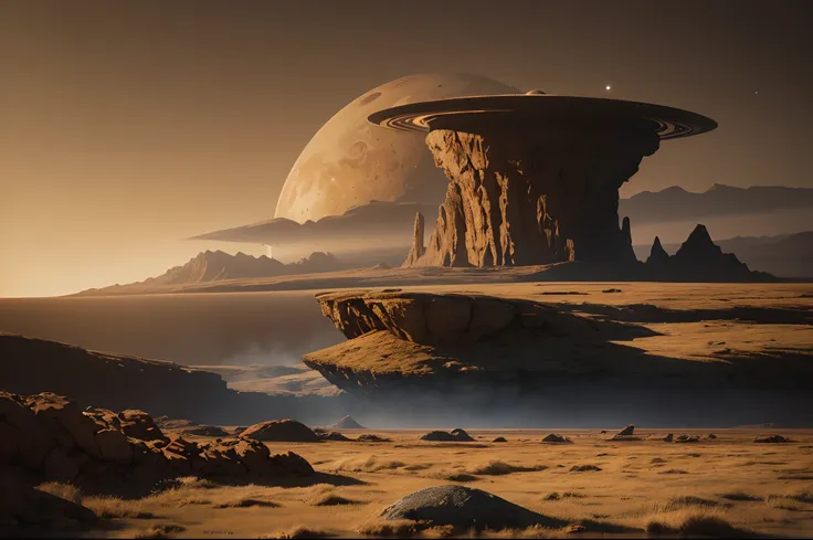 A war starship firing to a base in Titan, lake of ochre liquid with ice rocks in it, low hills in an ochre landscape, distant ice rocks, foggy beige atmosphere, Saturn with visible rings in the sky. Highly detailed.