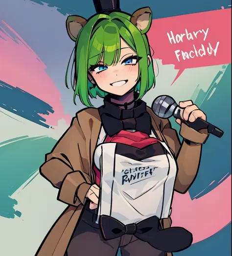 anime female short green hair and pink eyes wearing a fnaf freddy suit no background thumbnail