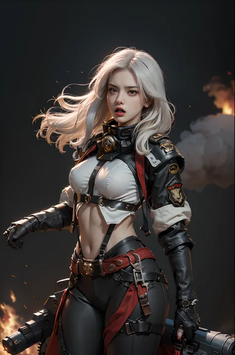 (Highest image quality, outstanding details, ultra-high resolution), 1 girl, suit((futuristic military outfit, adepta sororitas, military harness, military gears such as pouches)), (glamour body, curvy body, buffed and muscular body, tight abs, ), backgrou...