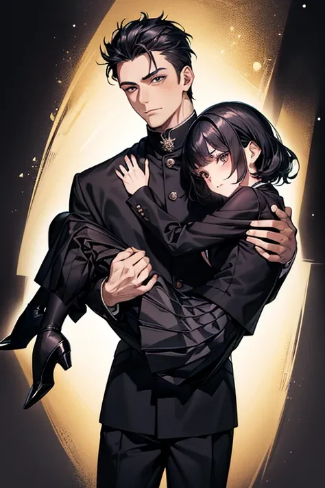 (1 girl), (1 boy), black hair, man carrying woman in a princess carry, (man in black Gakuran and black slacks), (woman in black sailor dress and black pleated skirt), cool guy, cute girl, princess carry, cinematic effect, accurate posing, accurate human an...