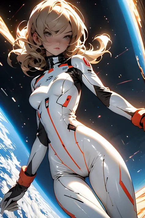 sandy hair fit body large breasts slender thighs slender waist pilot suit solo looking at viewer in space long hair blushing determination, 8k, extreme detail,