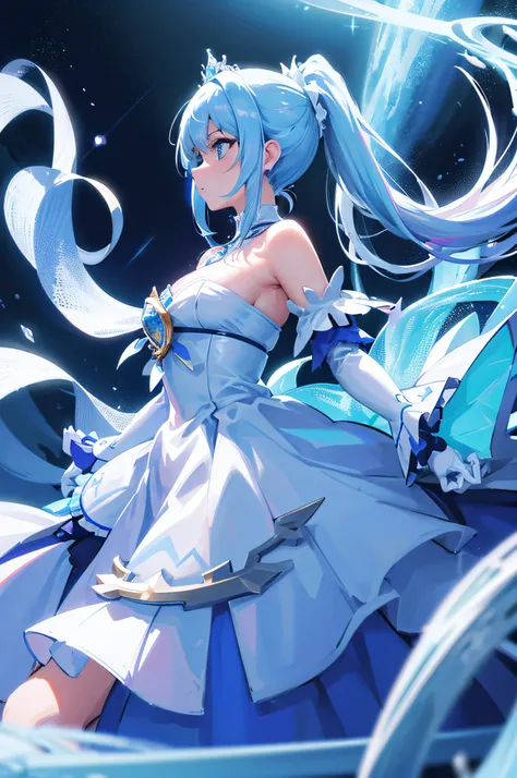 4k,hight resolution,One Woman,White-blue hair,Long ponytail,Bright blue eyes,hime,Princess dress made of ice,Princess Tiara,jewel decorations,Castle made of ice,nigh sky,Background of the Oora Borealis