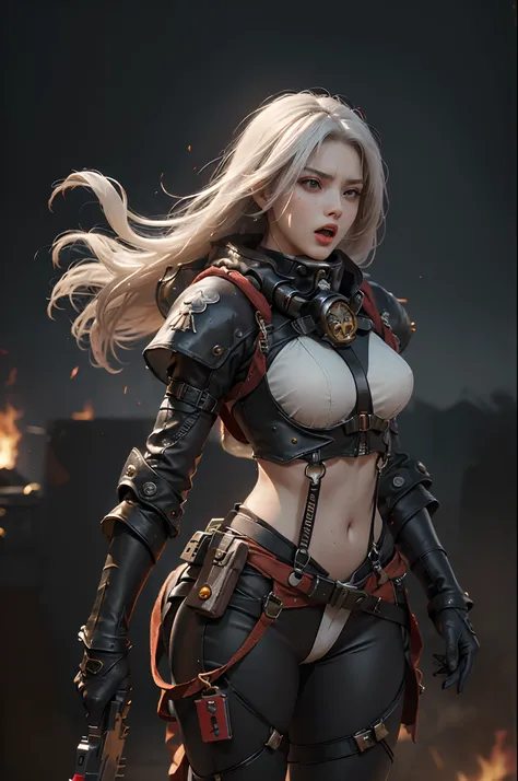 (Highest image quality, outstanding details, ultra-high resolution), 1 girl, suit((futuristic military outfit, adepta sororitas, military harness, military gears such as pouches)), (glamour body, curvy body, buffed and muscular body, tight abs, ), backgrou...