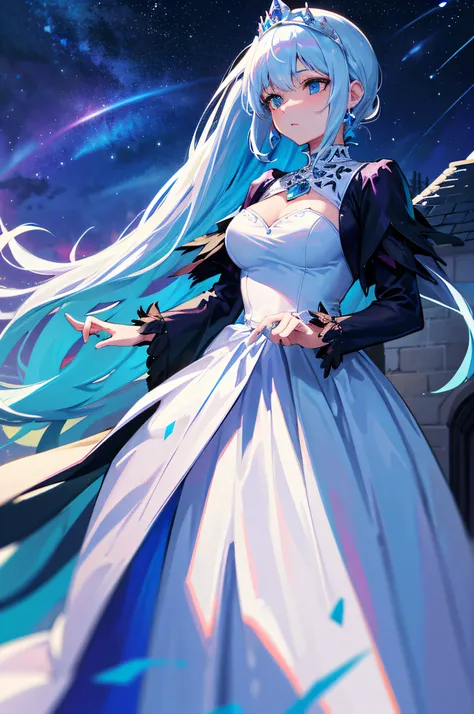 4k,hight resolution,One Woman,White-blue hair,Long ponytail,Bright blue eyes,hime,Princess dress made of ice,Princess Tiara,jewel decorations,Castle made of ice,nigh sky,Background of the Oora Borealis