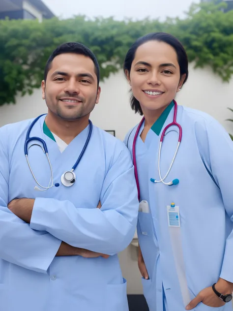 Its two doctors standing next to each other with their arms crossed, healthcare worker, enfermagem, medic, masked doctors, jalecos, vestindo jaleco e blusa, with a stethoscope, jaleco e camiseta, healthcare, In the background, foto retrato, surgical gown a...