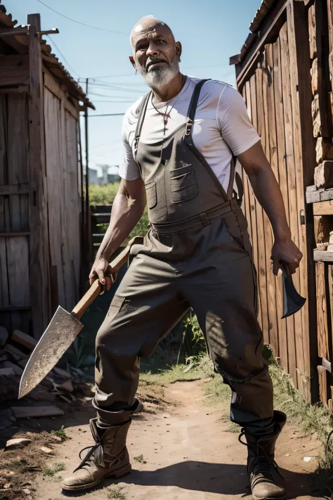 zumbi lenhador loiro, ((with wood-chopping axe in his hands)), (suspenders attached to pants), ensanguentado