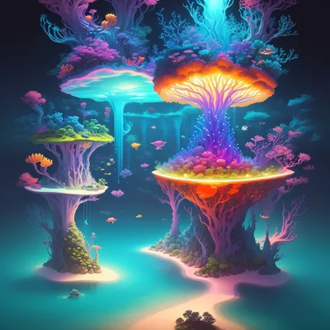 Create a vibrant and imaginative painting that depicts a surreal underwater world filled with floating islands, criaturas bioluminescentes, and a sense of tranquility.