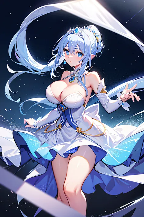 4k,hight resolution,One Woman,White-blue hair,Long ponytail,Bright blue eyes,large full breasts,hime,Princess dress made of ice,Princess Tiara,jewel decorations,Castle made of ice,nigh sky,Background of the Oora Borealis