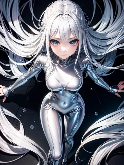 8K UHD、Silver Shiny Silver Full Body Rider Suit、Silver hair、Nostalgic beauty、Silver latex slider suit with hidden skin luster、１a person、Beautuful Women、Big eyes、