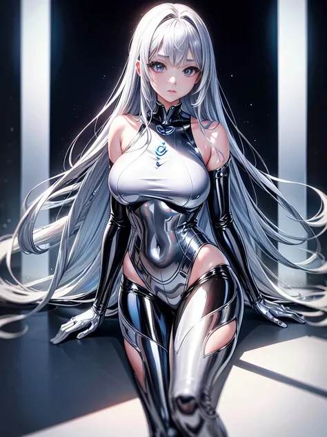 8K UHD、Silver Shiny Silver Full Body Rider Suit、Silver hair、Nostalgic beauty、Silver latex slider suit with hidden skin luster、１a person、Beautuful Women、Big eyes、