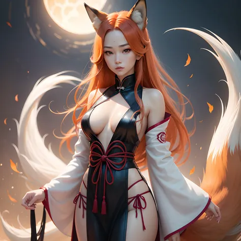 a realistic fox-girl with ginger hair and nine tails, nine tails, nine tails, sinto clothes, inspired by Sugimura Jihei, delicate and fine, (tentacles:fox tails:0.5), white form, inspired by Sōami, jormungand, mystical creatures, realistic