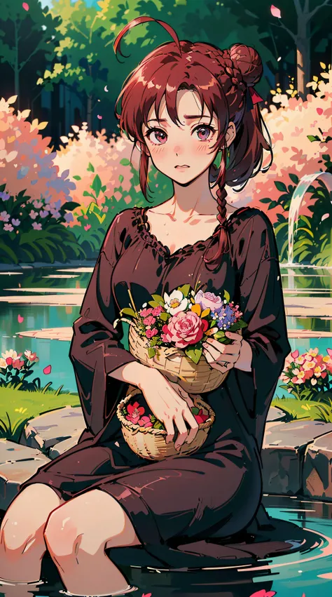 (((((((a large basket of flower,Blushing,winked,cute cheeks,burgundy hair，black nightgown))))))，((1girl,Solo,under-aged,11years old,short,Amazing,Cute Korean mixed-race girl，rosto magro,))(Masterpiece,Best quality, offcial art, Beautiful and aesthetic:1.2)...