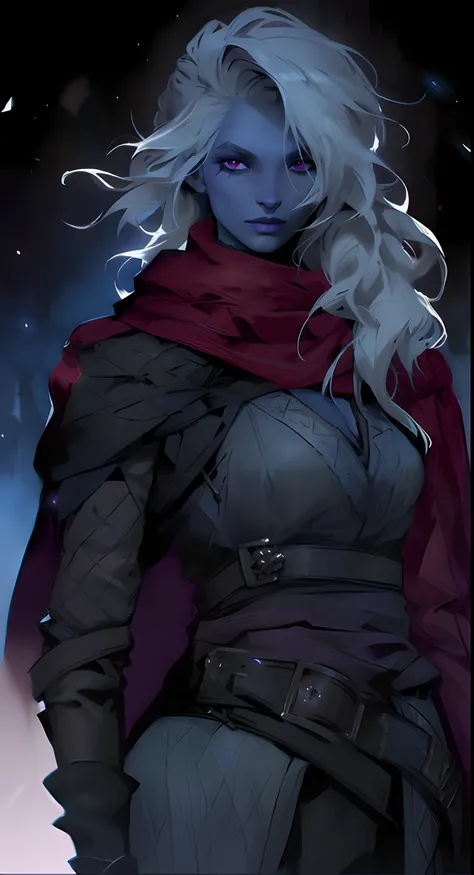 drow, Drow Woman, The Dark Elf, In a maroon red cloak, In medieval camping clothes, dark gray skin, White Ash Hair