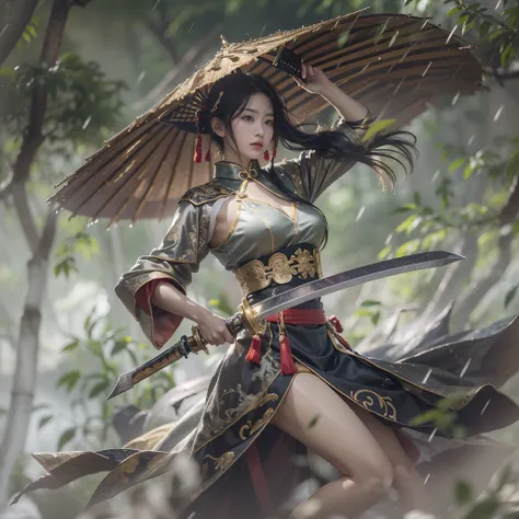 fantasy, landscape photo of the forest, chinese martial arts style, the skin is wet and shiny, (a 25-year-old girl samurai wears...