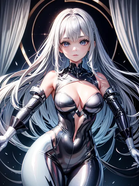 8K UHD、Silver Shiny Silver Full Body Rider Suit、Silver hair、Nostalgic beauty、Silver latex slider suit with hidden skin luster、１a person、Beautuful Women、Big eyes、