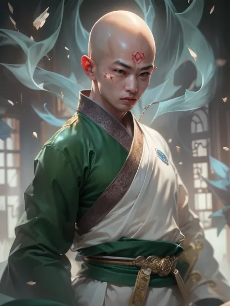 handsome shaolin monk、(((1 juvenile，bald-headed，buddhist monk，full bodyesbian，tear-mole:)))full bodyesbian，sharp eyes，clear faci...