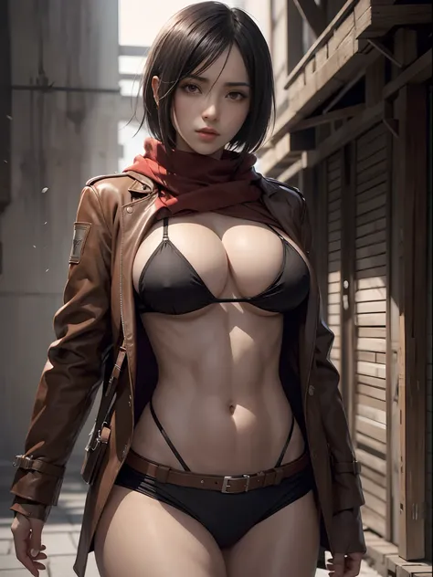 Mikasa_Ackerman，pessoa solo，por si mesmo，Roupas fora dos ombros，musclina，clivagem，umbigo，cintura aberta，Abs，Linha Colete，Traje fora do ombro，big tits, bikini, sexy, naked, lon hair, masterpiece, 8k, 4k