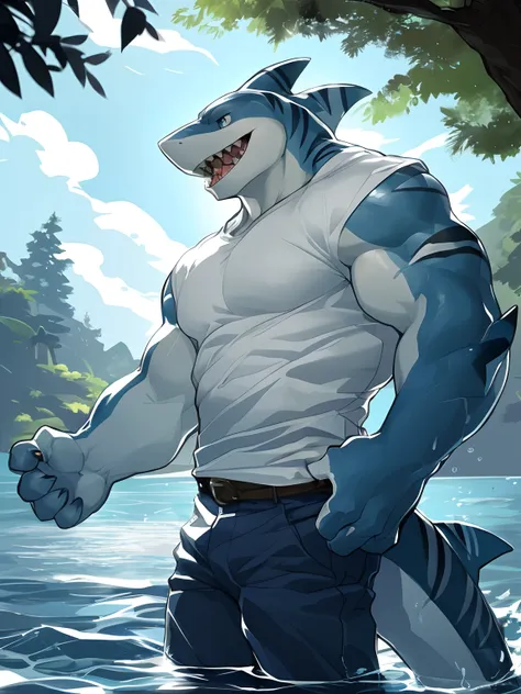 hi res,(shark, finless shark), anthro,4 fingers, aqua blue eyes, blue pants, white shirt, male, muscular, muscular anthro, muscu...