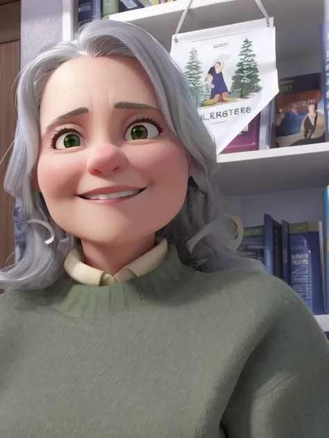 Smiling woman with gray hair and green sweater in front of bookshelf, ficando cinza, imagem de perfil, non blurry, imagem desfocada, imagem de qualidade muito baixa, foto de perfil headshot, 4 5 I, alguns cabelos grisalhos, foto do perfil, Fotografia selfi...