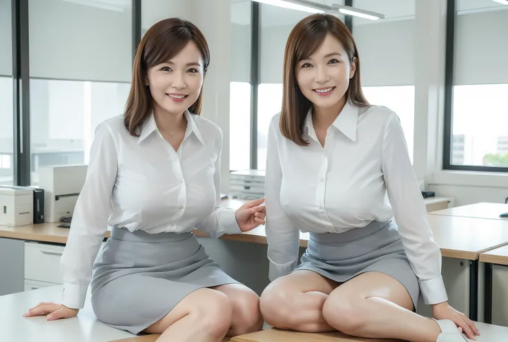 ((Best Quality, 8k, Masterpiece, Portrait: 1.3)), (looking at viewer), (full shot:0.85), attractive business 3 milfs, 3 people, white collared shirt, grey skirt, (big pelvis:0.5), (sitting with cross legs on office desks)), smile:0.2, office of CEO,