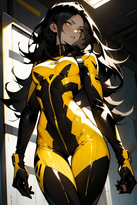 1 girl, black hair, yellow eyes, very long hair, pale skin, fit body, slender body, slim waist, large breasts, (confident expression), pilot suit, thigh gap, bare thighs, sleeveless