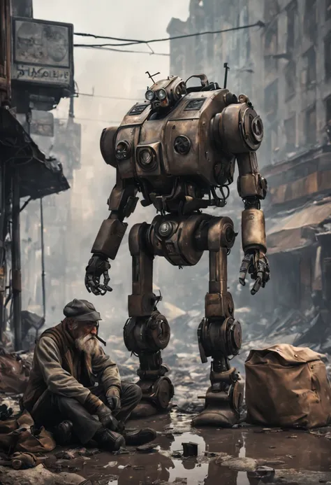 create a dramatic realistic image of a Homeless robotech cyborg dieselpunk beggars, Dirty environment full of pollution The environment is not pleasant.