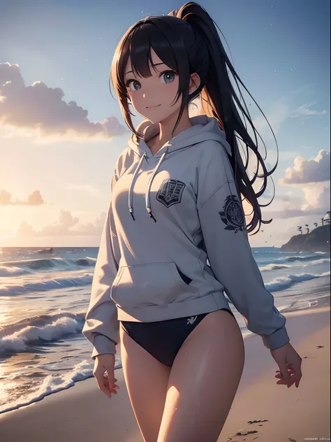 (masutepiece), (Best Quality), hyper detailed illustration，beautiful artwork，(Extreme Detail CG Unity 8K wallpaper、​masterpiece、top-quality)、(exquisite lighting and shadow、highly dramatic picture、cinematic lens effects)、Beach girl standing in grey hoodie a...